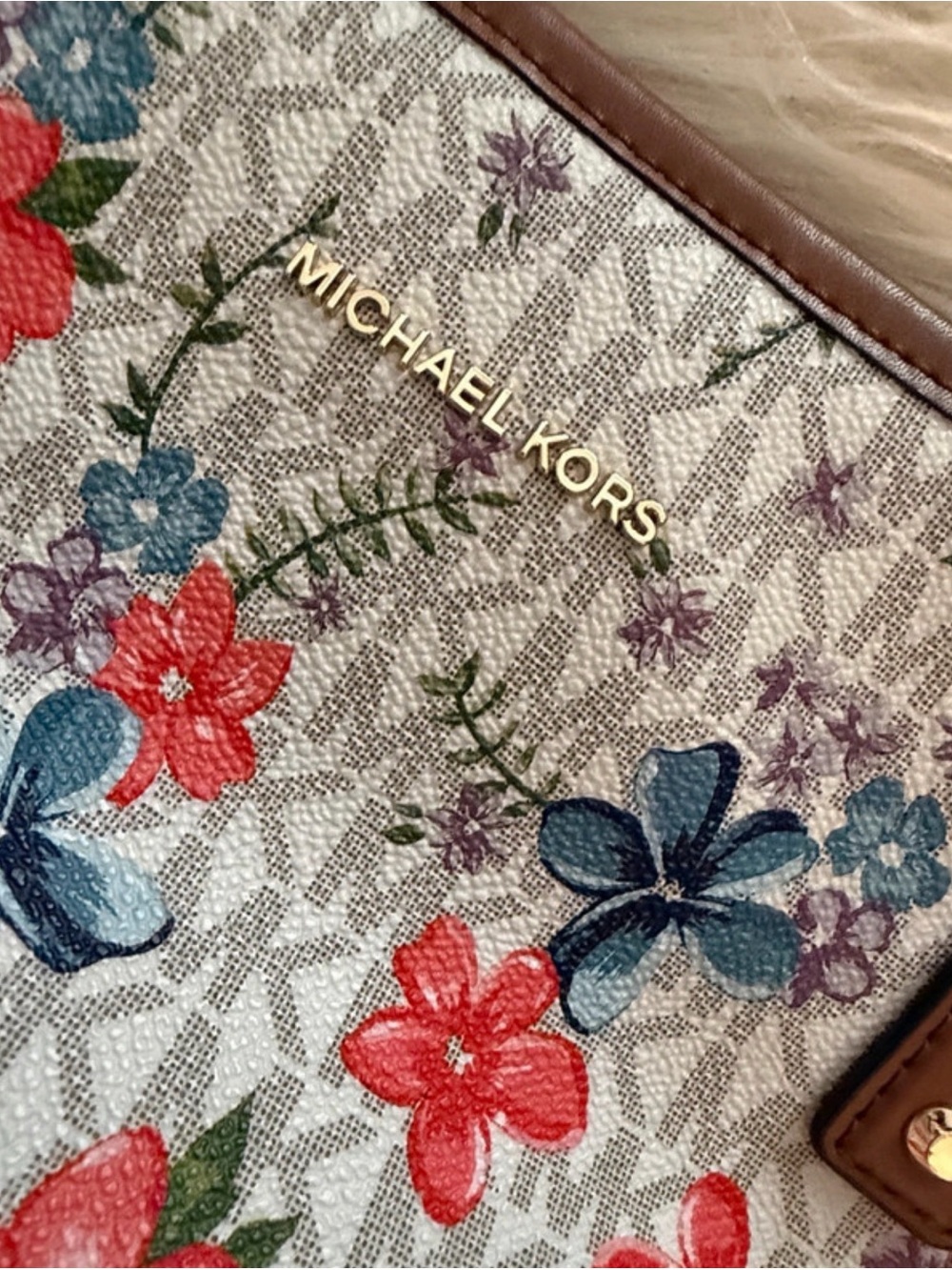 Michael Kors White Floral Tote with Coral & Blue Flowers - Picture 6 of 9